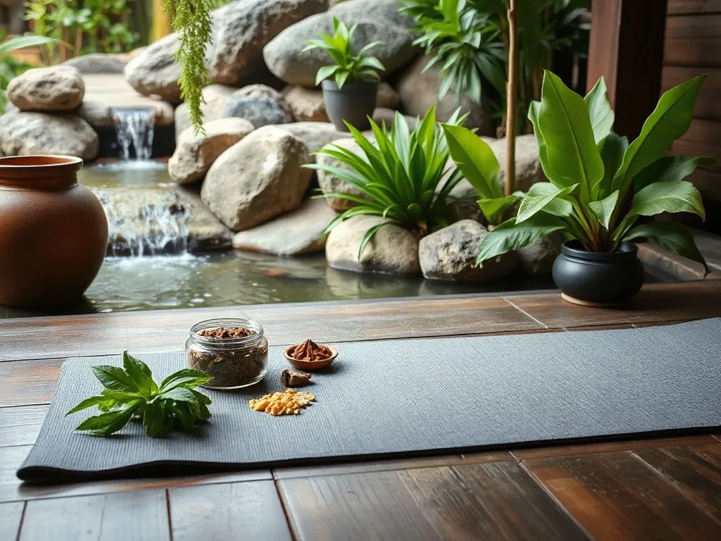 A tranquil Bali wellness practice setup featuring a yoga mat and Ayurvedic herbs, with a backdrop of natural elements like plants and flowing water, representing the blend of traditional and modern wellness methods.