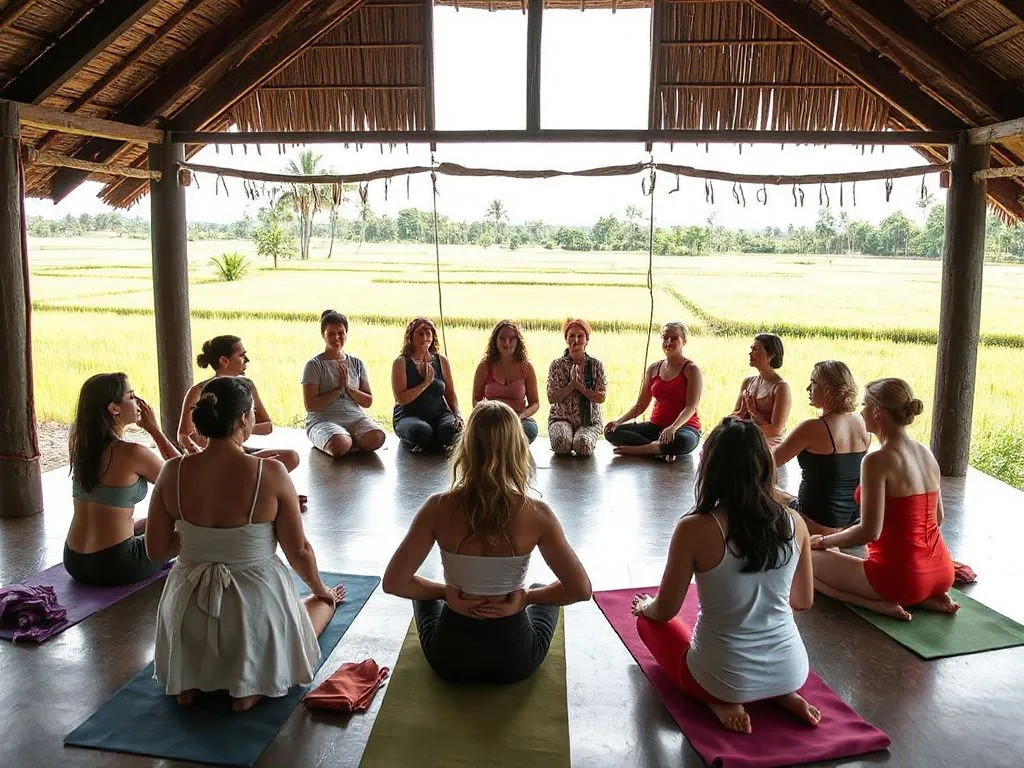 A vibrant and supportive women's circle at Goddess Retreats in Bali, where women are participating in a group yoga session in an open-air space with rice paddy views, fostering community and empowerment.