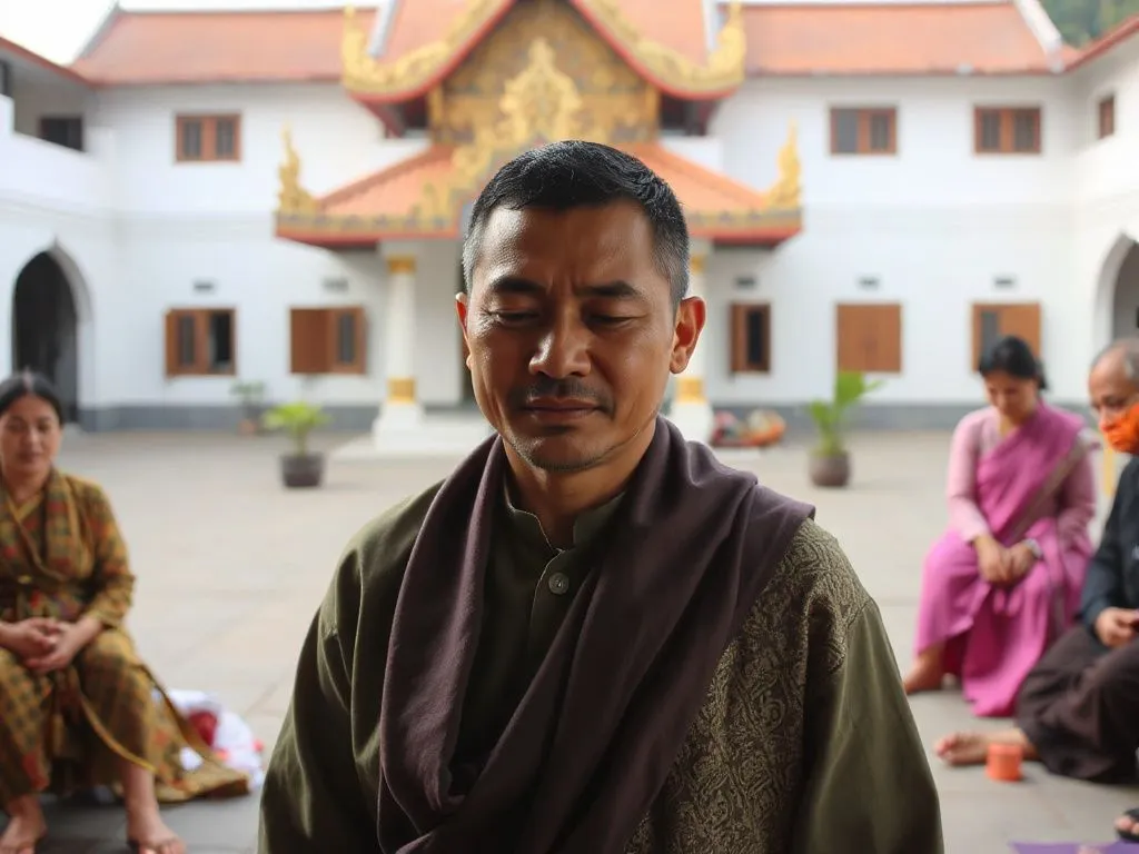 Emotional release during Melukat ceremony, participant with tears, feeling light and free, calm temple courtyard setting, intimate and spiritual Emotional release during Melukat ceremony, participant with tears, feeling light and free, calm temple courtyard setting, intimate and spiritual