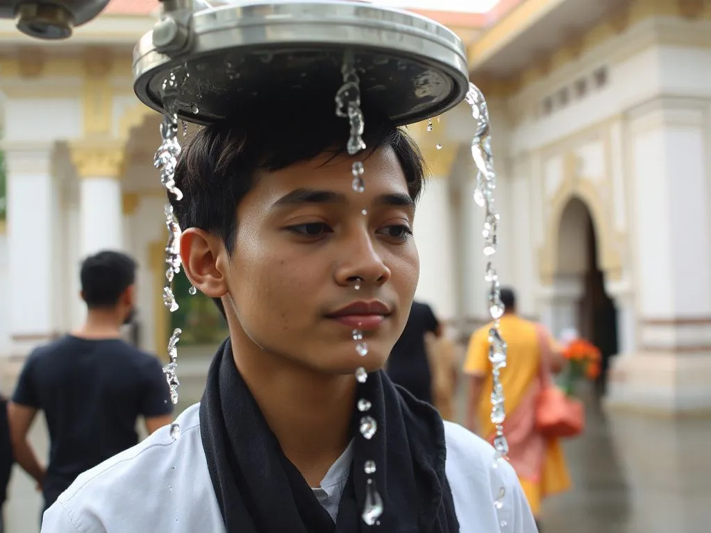 Participant under holy water spout during Melukat, serene expression, water droplets glistening, temple surroundings, spiritually reflective moment Participant under holy water spout during Melukat, serene expression, water droplets glistening, temple surroundings, spiritually reflective moment
