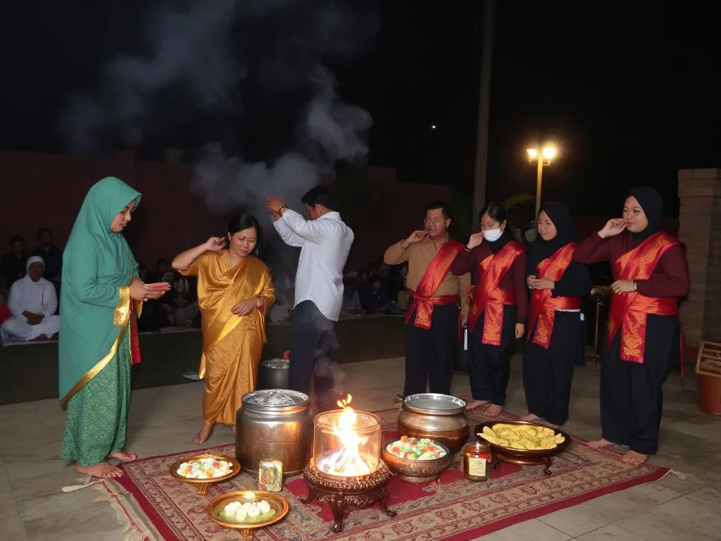 Participants preparing for Melukat ceremony, wearing sarongs and sashes, incense smoke in the air, traditional offerings visible, evening setting Participants preparing for Melukat ceremony, wearing sarongs and sashes, incense smoke in the air, traditional offerings visible, evening setting