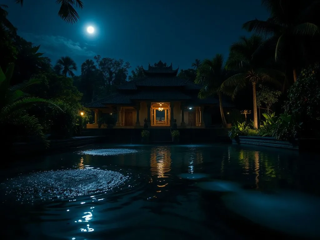 Serene image of Tirta Empul temple at night, sacred springs with cool water reflecting moonlight, surrounded by tropical greenery, detailed, atmospheric Serene image of Tirta Empul temple at night, sacred springs with cool water reflecting moonlight, surrounded by tropical greenery, detailed, atmospheric