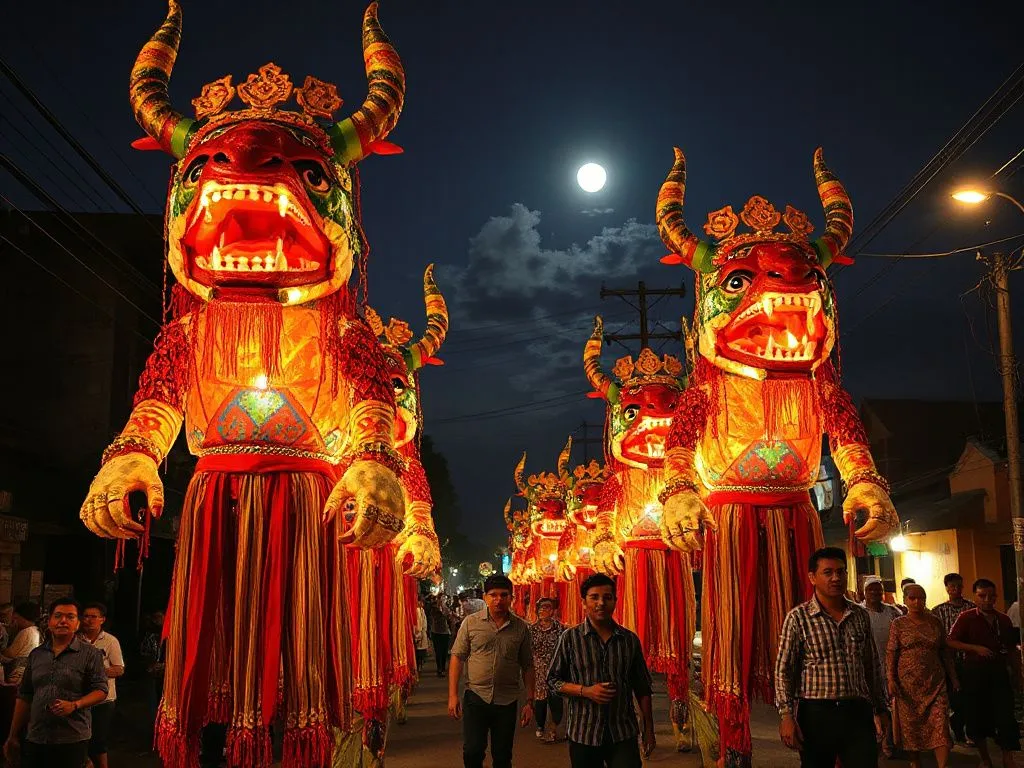 Colorful and detailed demon effigies of the Ogoh-Ogoh parade in Bali, carried through village streets by locals, under moonlit sky, dynamic and festive atmosphere, photorealistic, traditional Balinese attire