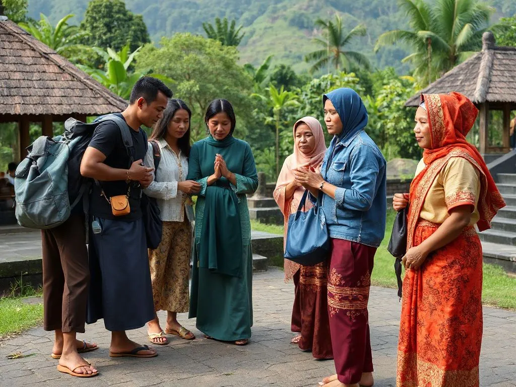 Respectful and humble interaction between travelers and local Balinese community, showing modest attire and engagement in traditional rituals, in a natural and cultural setting, detailed, photorealistic