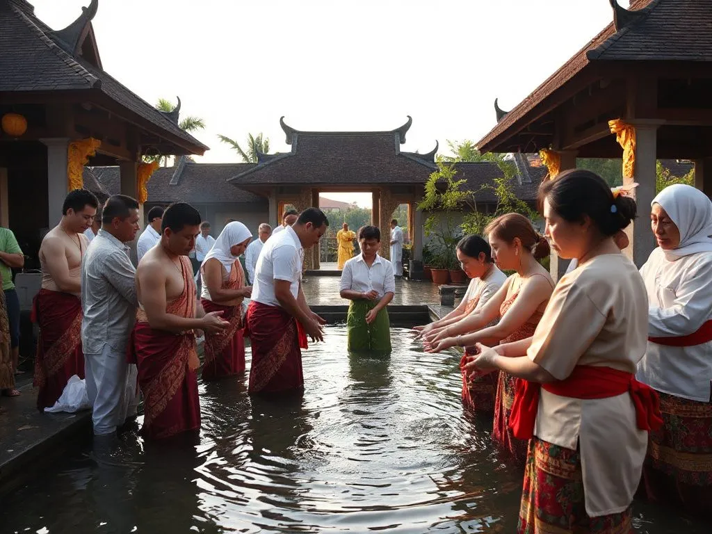 Serene and spiritual Melukat ceremony in Bali, participants in sarongs and sashes participating in water purification ritual, traditional Balinese temple setting, gentle ambiance, photorealistic