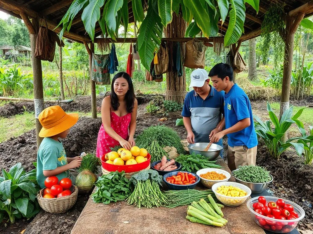 Organic Balinese farm with fresh produce, local family ready to cook, showcasing farm-to-table concept, vibrant, detailed environment