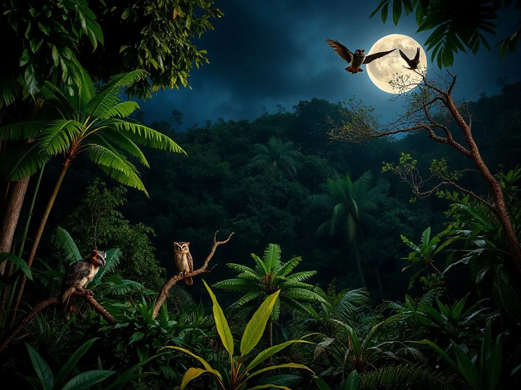 Scene depicting civets, scops owls, and flying foxes in a Balinese jungle at night with moonlight, photorealistic, high quality, natural lighting