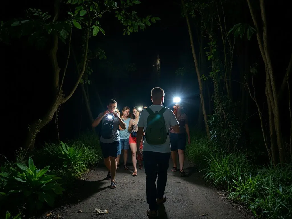 Tourists guided by a local in Bali at night, wearing headlamps, respectful of the environment, eco-conscious practices, high quality, natural setting
