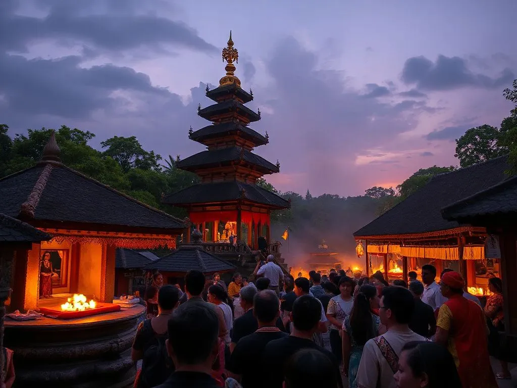 Beautiful temple festivals in Bali's serene environment during shoulder seasons, cultural ceremonies, professional lighting, detailed, cultural ambiance