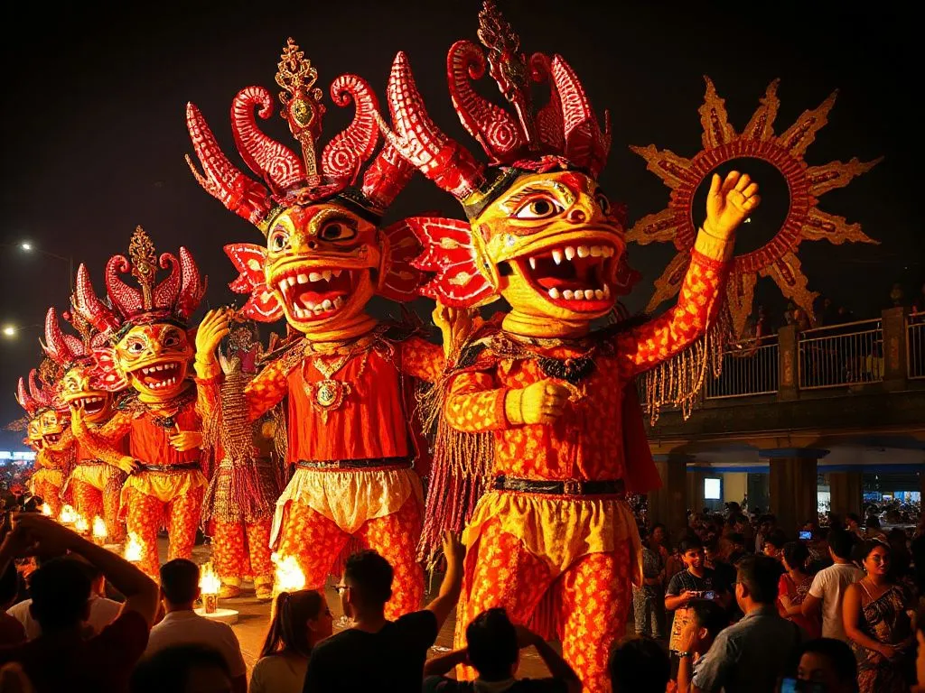 Dramatic ogoh-ogoh effigies parade in Bali during Nyepi eve, colorful, cultural festival atmosphere, traditional elements, detailed, high quality