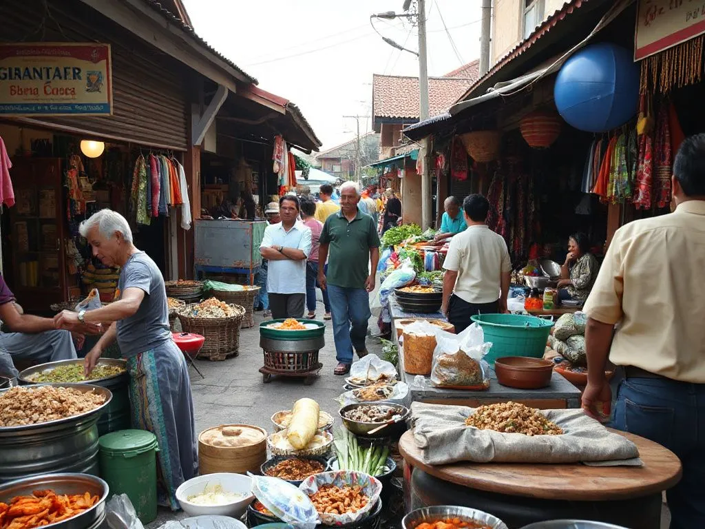 Market scene in Gianyar, local life, traditional Balinese dishes and crafts, vibrant colors, detailed, cultural depth