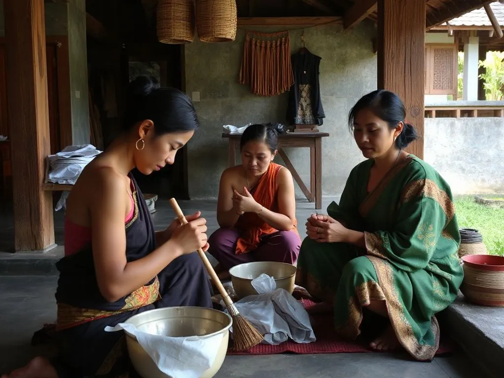 Peaceful Balinese daily rituals, locals engaging in cultural practices, authentic and intimate, natural lighting, photorealistic