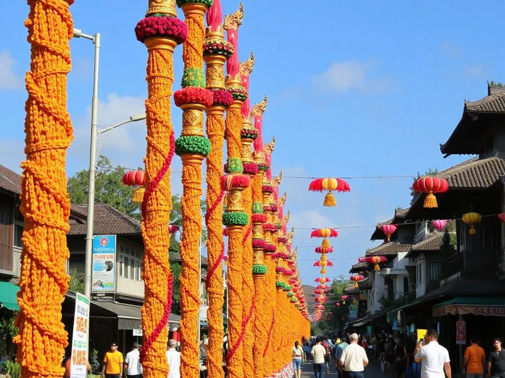 Traditional penjor poles lining the streets of Bali during Galungan festival, vibrant decorations, cultural atmosphere, high quality, detailed