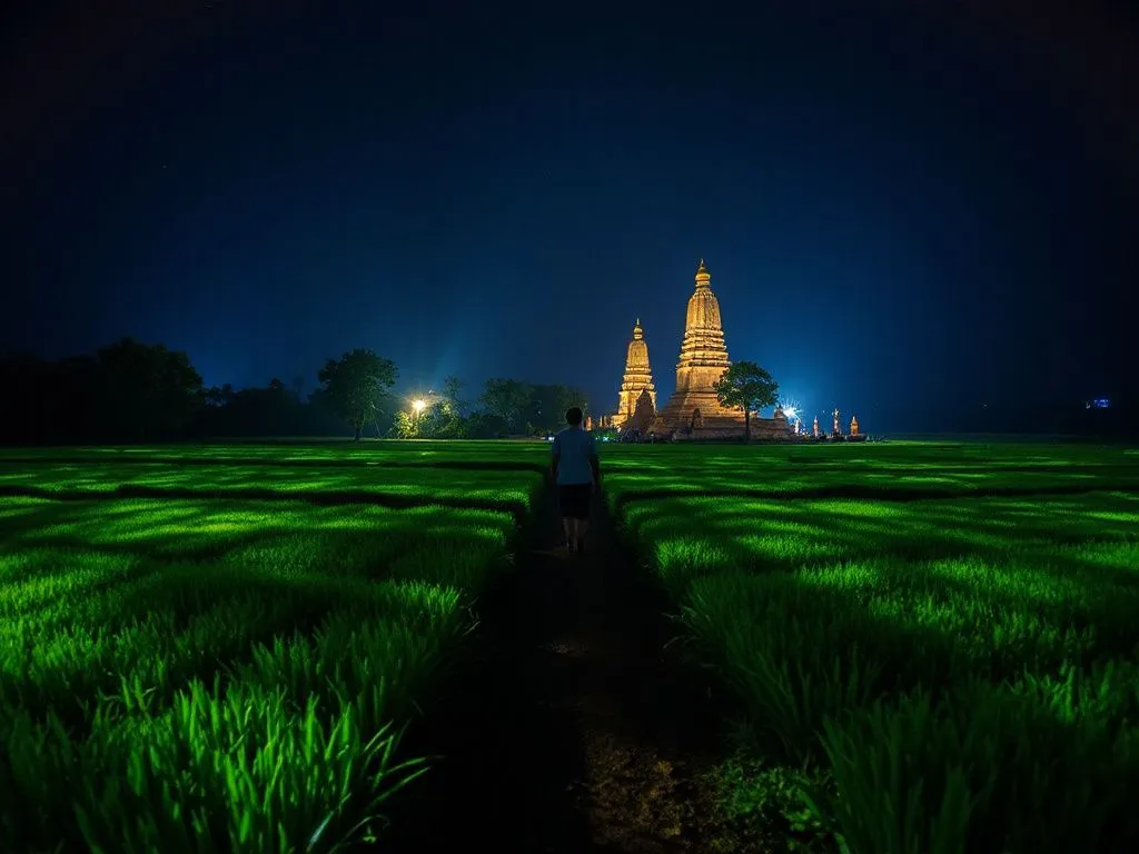 Immersive night walk with light projections in rice fields and temples, blending culture and technology, magical and educational atmosphere