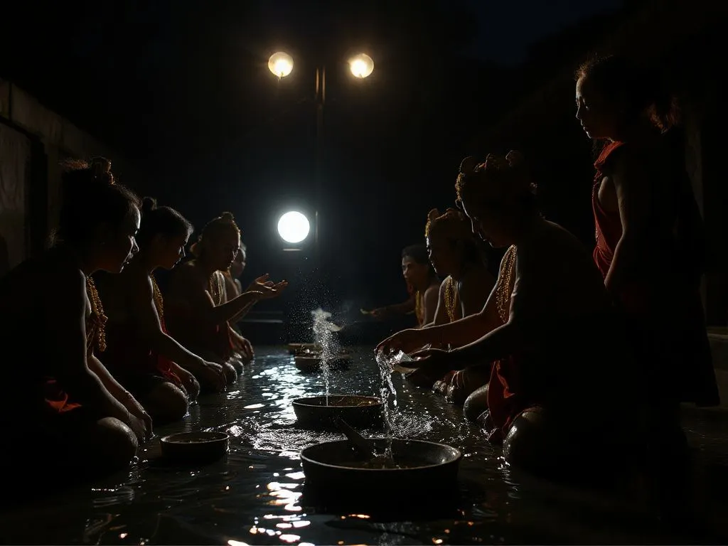 Traditional Balinese ritual at night with moonlit holy water ceremony, detailed, sacred cultural atmosphere, local spiritual leader guiding