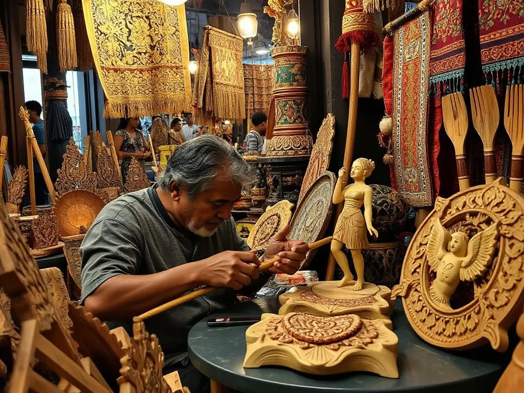 Balinese artisan selling detailed wood carvings and traditional textiles at a night market, showcasing local craftsmanship, detailed and colorful