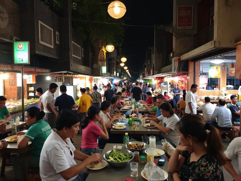 Crowded Gianyar Night Market with local families enjoying meals at communal tables, bustling atmosphere, authentic street food experience