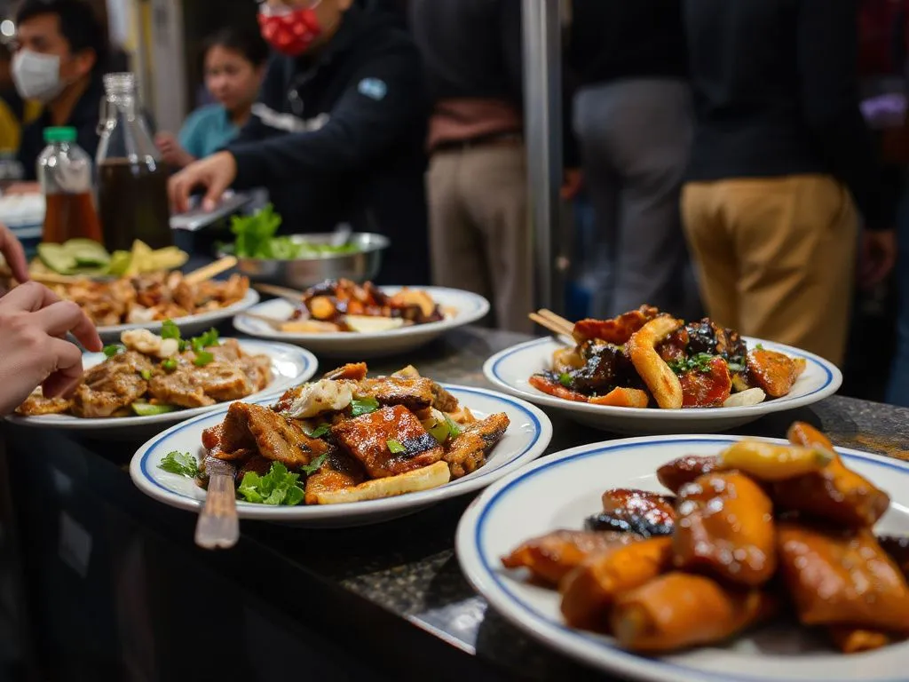 Plates of babi guling and sate lilit being served at a Balinese night market stall, food details in focus, high quality and vibrant colors