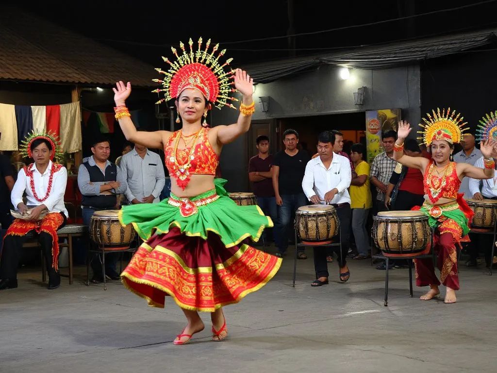 Traditional Balinese dance and gamelan music performance at a night market, vibrant costumes and dynamic movement, capturing cultural richness
