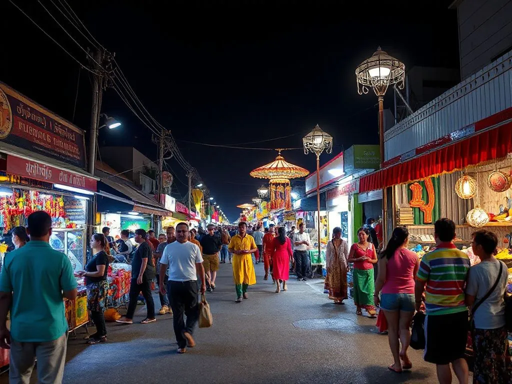 Vibrant festival atmosphere at a Balinese night market during celebrations with traditional parades and colorful cultural displays