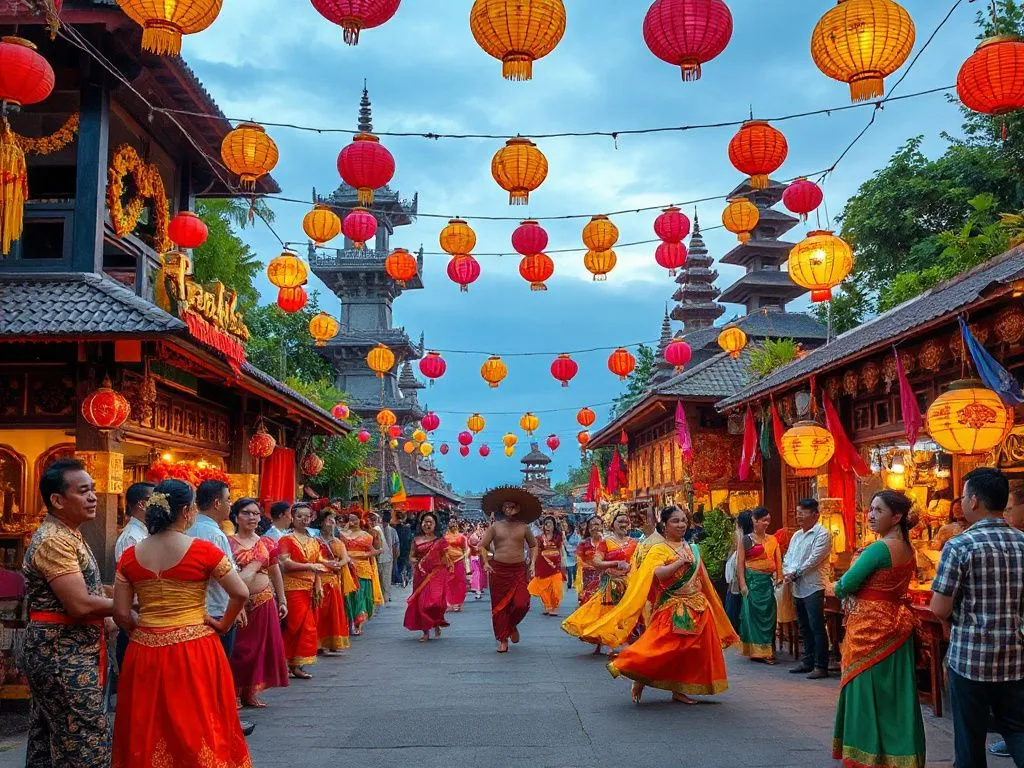 An exquisite scene of a Balinese cultural festival with colorful decorations, traditional costumes, and dance performances, vibrant and lively ambiance, photorealistic, high quality