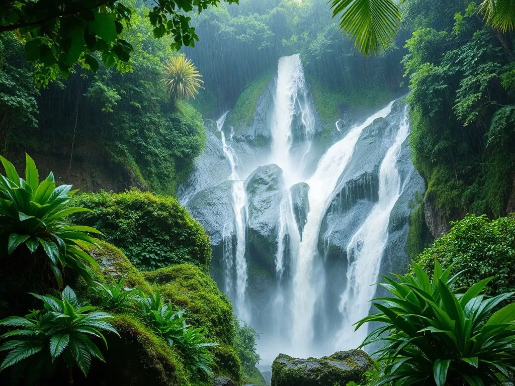 A lush Balinese rainforest waterfall scene during the rainy season, with vibrant green foliage and cascading water, atmospheric lighting, detailed and photorealistic