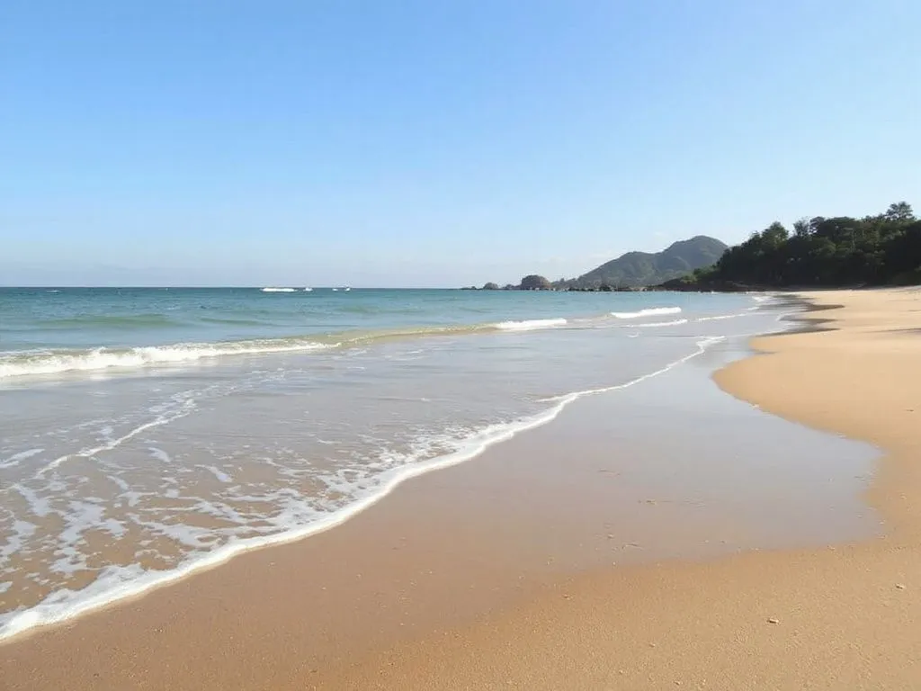 A peaceful beach in Bali during a calm morning, with gentle waves lapping at the shore, golden sand, and clear blue skies, ideal for a relaxing getaway, photorealistic, high quality