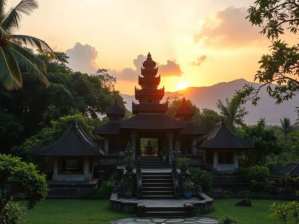 A tranquil Balinese temple nestled in nature during sunrise, surrounded by lush greenery and traditional architecture, photorealistic, detailed, natural lighting