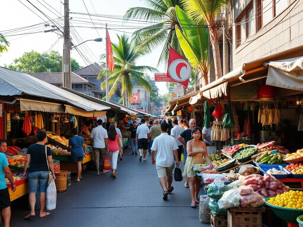 A vibrant Balinese street scene with traditional market stalls and fresh local produce, bustling with locals and tourists, high quality, detailed, colorful atmosphere