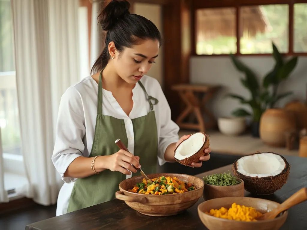 Balinese wellness expert preparing a nurturing Ayurvedic dish with coconut and turmeric, calm and peaceful setting, detailed