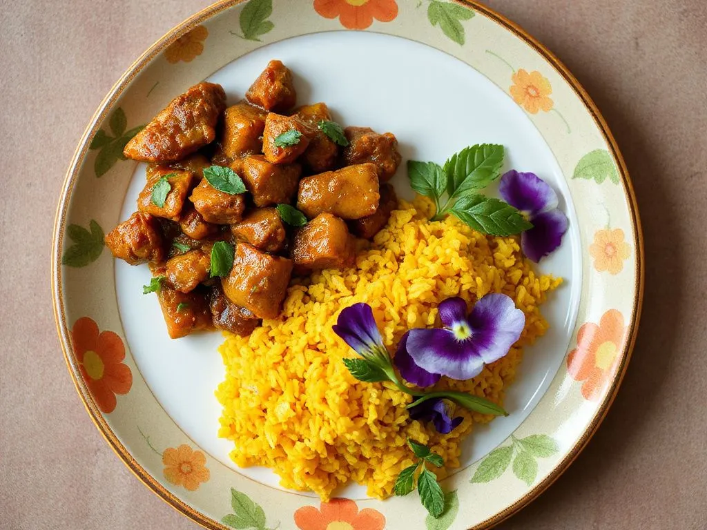 Beautifully plated vegan dishes featuring jackfruit rendang, turmeric rice, and edible flowers on a colorful plate, top-down view, high quality, detailed, vibrant colors