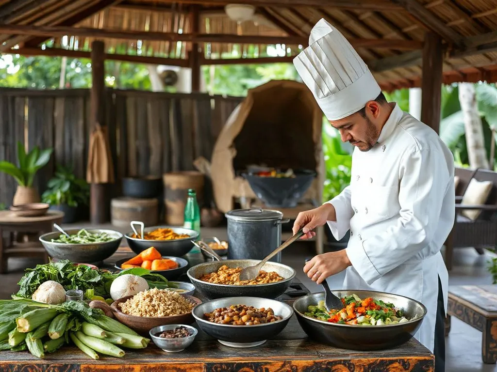 Chef preparing Ayurvedic meal in an open-air kitchen in Bali, traditional cooking methods and ingredients, photorealistic