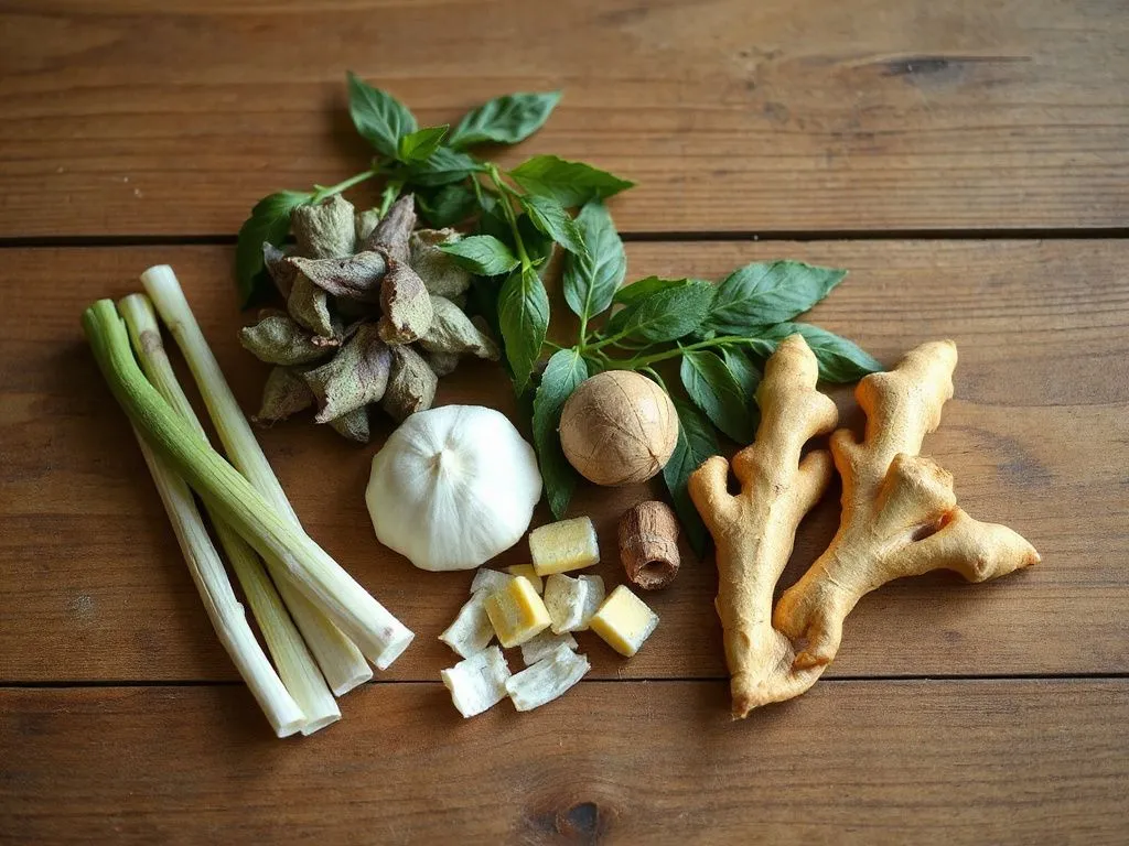 Harmony of Balinese herbs like lemongrass, galangal, and torch ginger laid out on a wooden table, detailed, natural lighting, earthy tones