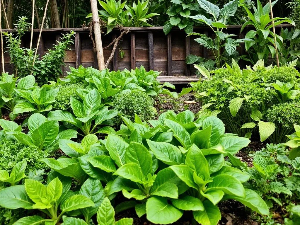 Moksa Ubud's permaculture garden with vibrant green vegetables and herbs, detailed, natural lighting, farm-to-table concept