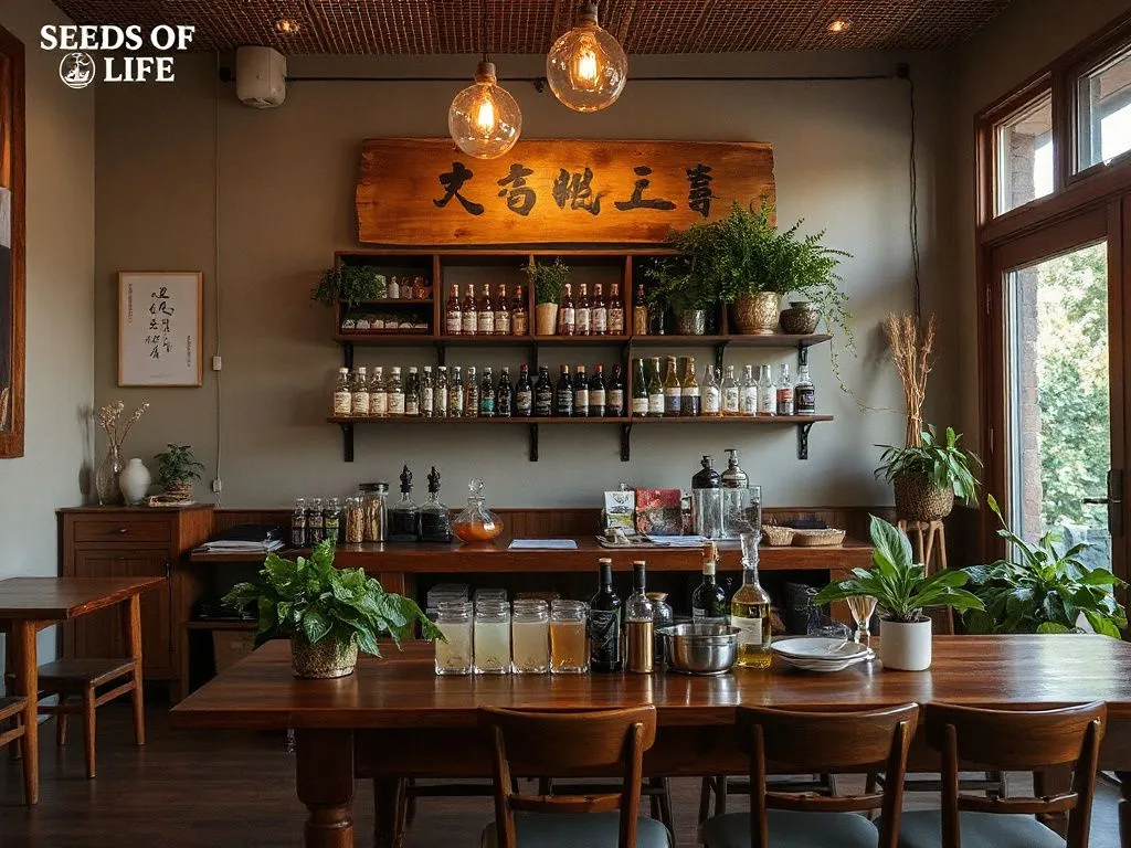 The Seeds of Life Cafe's Taoist Tonic Bar with herbal elixirs, inviting setting with warm lighting and natural decor