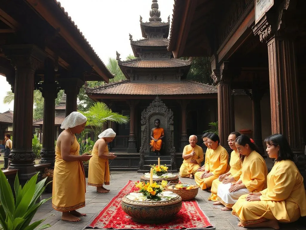 Authentic Balinese temple ceremonies with traditional clothing, floral offerings, and serene atmosphere, respectful and quiet Authentic Balinese temple ceremonies with traditional clothing, floral offerings, and serene atmosphere, respectful and quiet