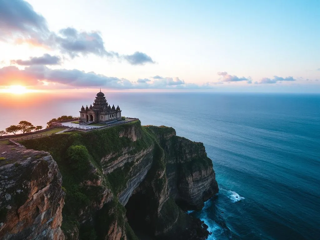 Breathtaking cliffside view from Uluwatu Temple with an open ocean, clear skies, and vibrant sunset, peaceful atmosphere Breathtaking cliffside view from Uluwatu Temple with an open ocean, clear skies, and vibrant sunset, peaceful atmosphere