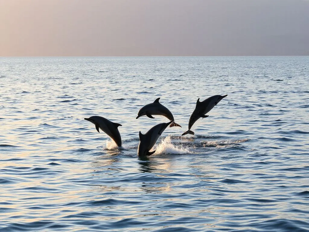 Early morning dolphin watching tour in Lovina with dolphins leaping out of the water, tranquil sea, vivid sunrise glow Early morning dolphin watching tour in Lovina with dolphins leaping out of the water, tranquil sea, vivid sunrise glow