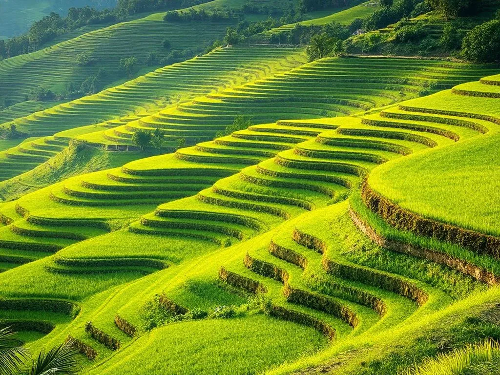 A picturesque view of Ubud's Tegallalang Rice Terraces in April-May, photorealistic, rich green stepped fields, early morning light, tranquil scenery A picturesque view of Ubud's Tegallalang Rice Terraces in April-May, photorealistic, rich green stepped fields, early morning light, tranquil scenery