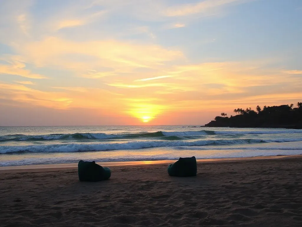 Serene beach setting in Seminyak during shoulder season, minimal crowds, calm waves, vivid sunset, bean bags on the sand Serene beach setting in Seminyak during shoulder season, minimal crowds, calm waves, vivid sunset, bean bags on the sand