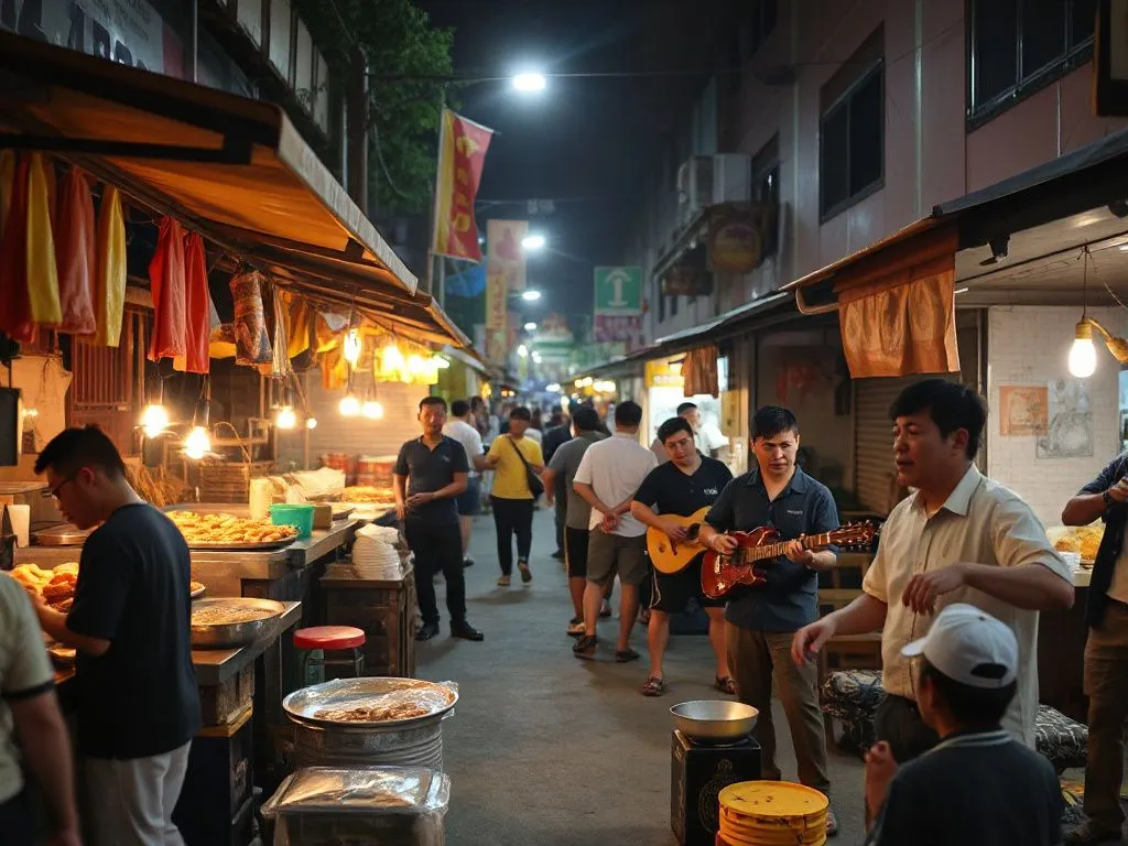 Bustling Gianyar Night Market with food stalls cooking satay and traditional musicians performing, vibrant and lively, night setting, photorealistic