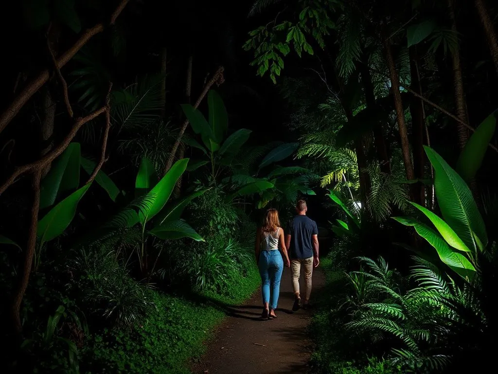 Couple walking through a mystical night jungle with a guide pointing out nocturnal wildlife, illuminated path with lush greenery, photographic detail, serene and adventurous