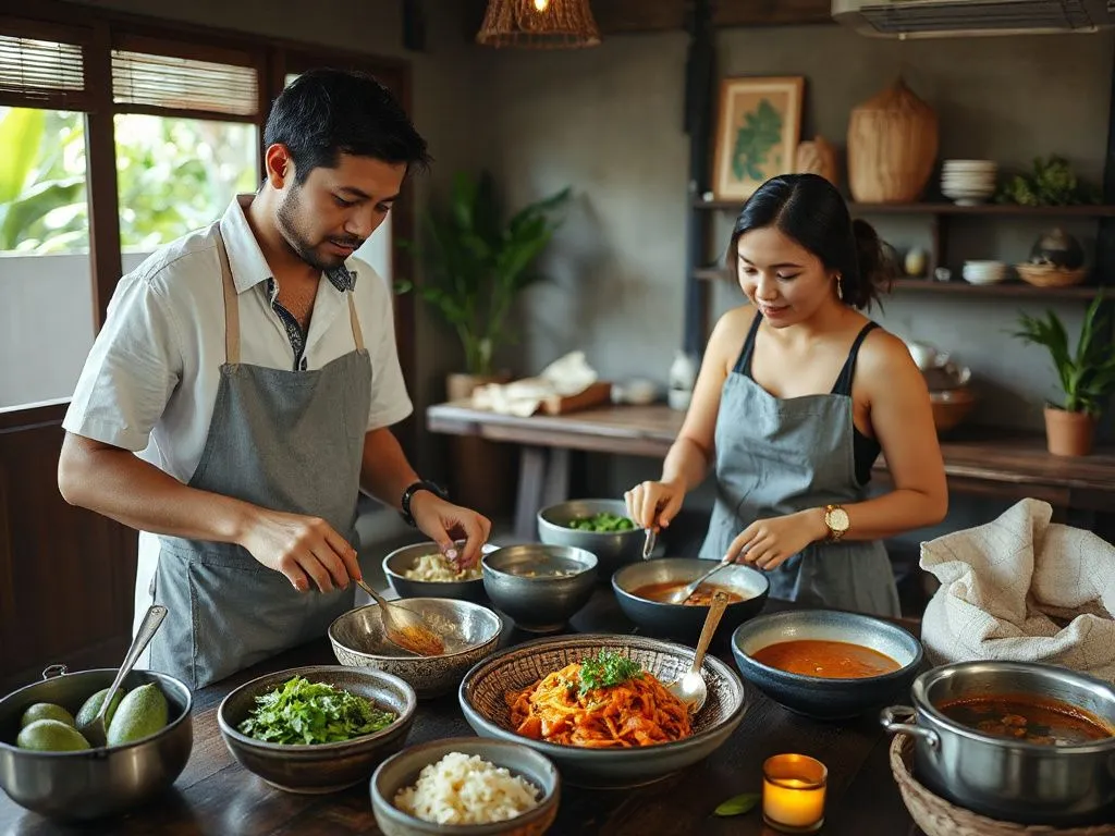 Cozy Balinese cooking class with a couple preparing traditional dishes, showing ingredients and a welcoming atmosphere, intimate and photorealistic