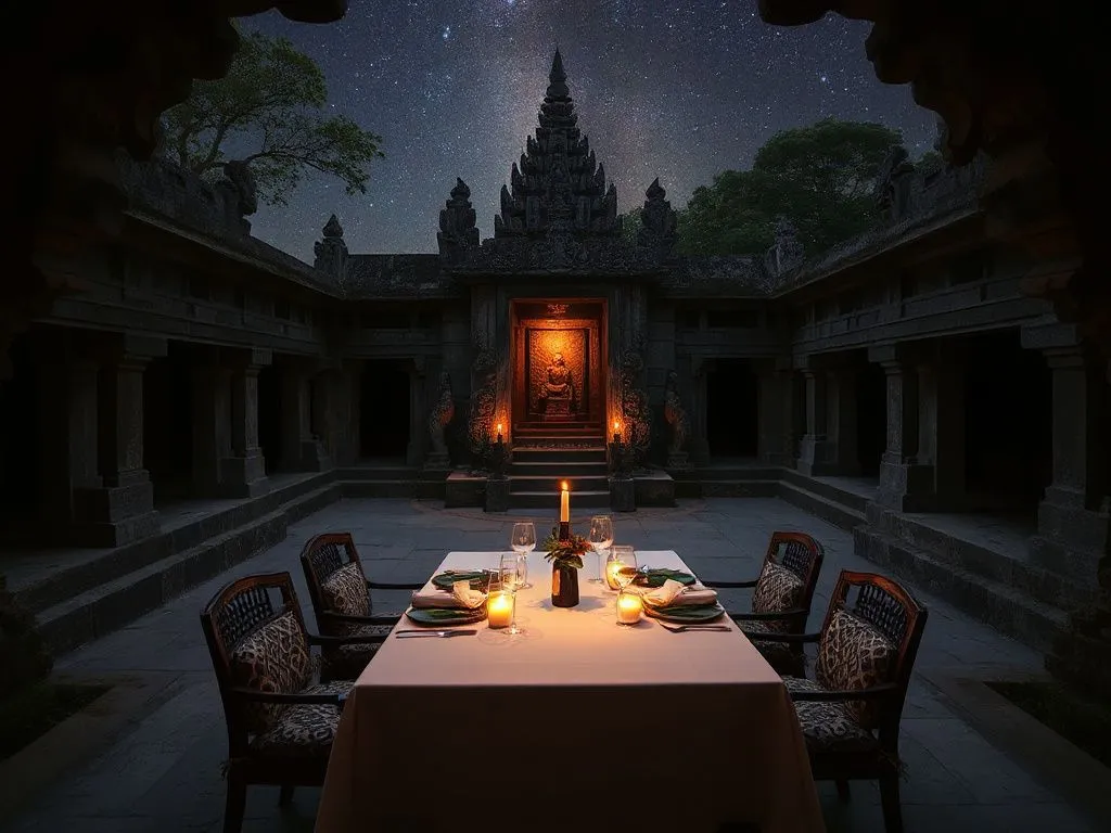 Serene private dining setup at a hidden Balinese temple, table with candlelight under the stars, surrounded by ancient stone carvings, enchanting and romantic, photorealistic