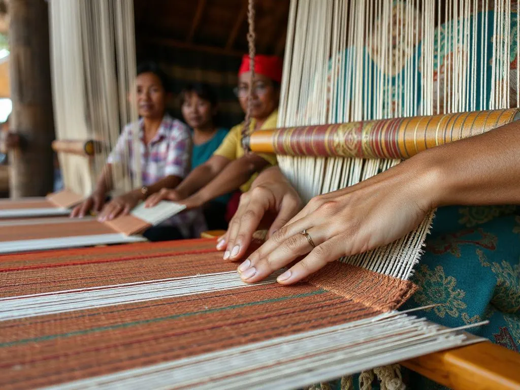 Close-up image of local artisans weaving Balinese songket fabric using hand looms and natural dyes, detailed and vibrant colors Close-up image of local artisans weaving Balinese songket fabric using hand looms and natural dyes, detailed and vibrant colors