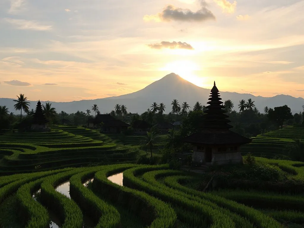 Photorealistic image of lush rice terraces and traditional Balinese village houses with Mount Agung in the background, high-quality, sunrise lighting Photorealistic image of lush rice terraces and traditional Balinese village houses with Mount Agung in the background, high-quality, sunrise lighting