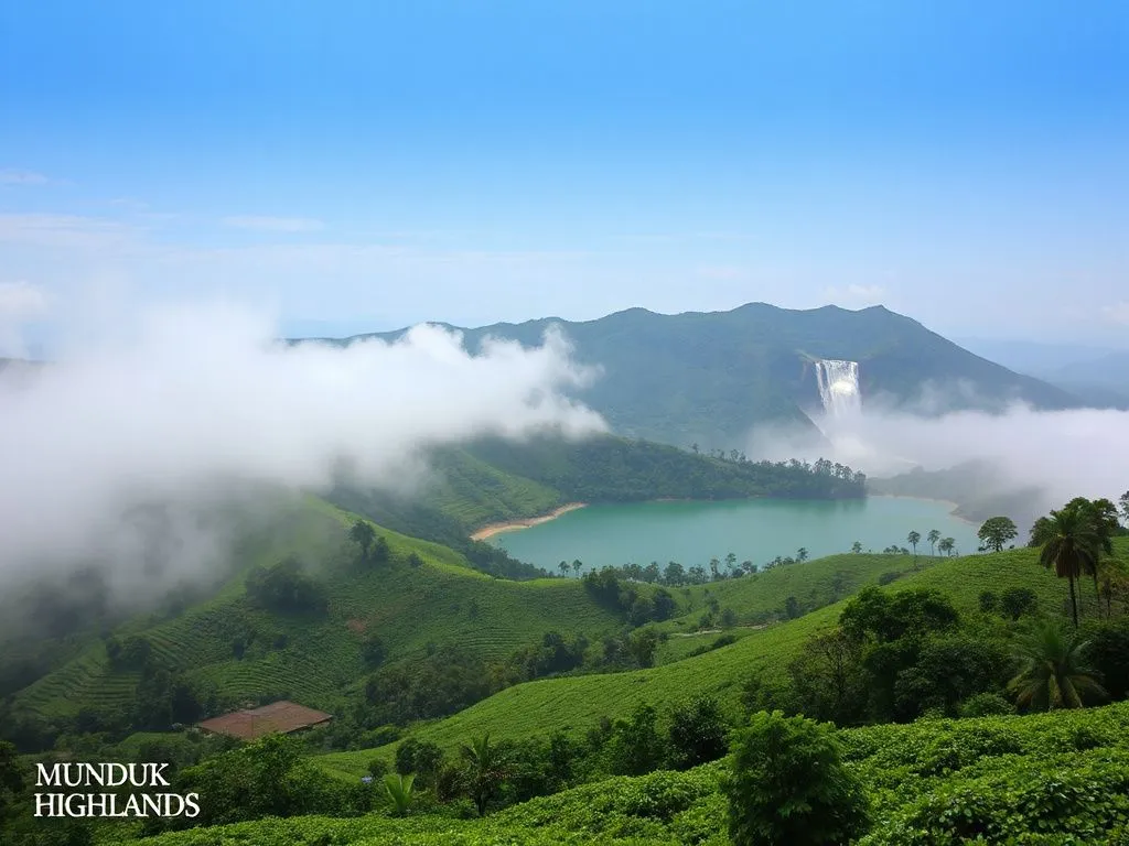 Scenic view of Munduk Highlands with mist over coffee plantations and twin lakes, with a distant view of waterfalls, photorealistic, serene atmosphere Scenic view of Munduk Highlands with mist over coffee plantations and twin lakes, with a distant view of waterfalls, photorealistic, serene atmosphere