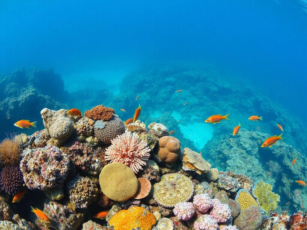 Underwater view of colorful coral reefs and diverse marine life near Menjangan Island, clear blue water, vibrant colors Underwater view of colorful coral reefs and diverse marine life near Menjangan Island, clear blue water, vibrant colors