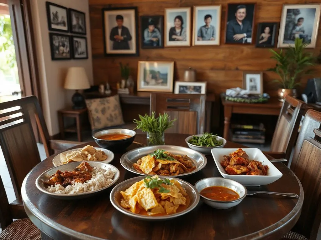 Cozy home-cooked meal setting in a warung, with traditional Balinese dishes like nasi campur and sambal matah, family photos in the background, warm and welcoming atmosphere