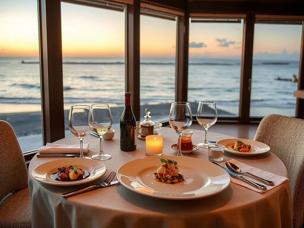 Elegant dining setup at Raffles Bali, showcasing fine dining elements with local ingredients like reef fish and lobster, overlooking Jimbaran Bay during sunset, sophisticated yet relaxed ambiance